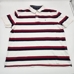 Tommy Hilfiger Mens Polo Shirt XXL White Red Blue Stripe Short Sleeve Logo